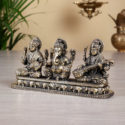 Brass Superfine Ganesh Lakshmi Saraswati Idol on Same Base – 3 inch tall 6.5 Inch wide Divine Trio - Budhshiv.com