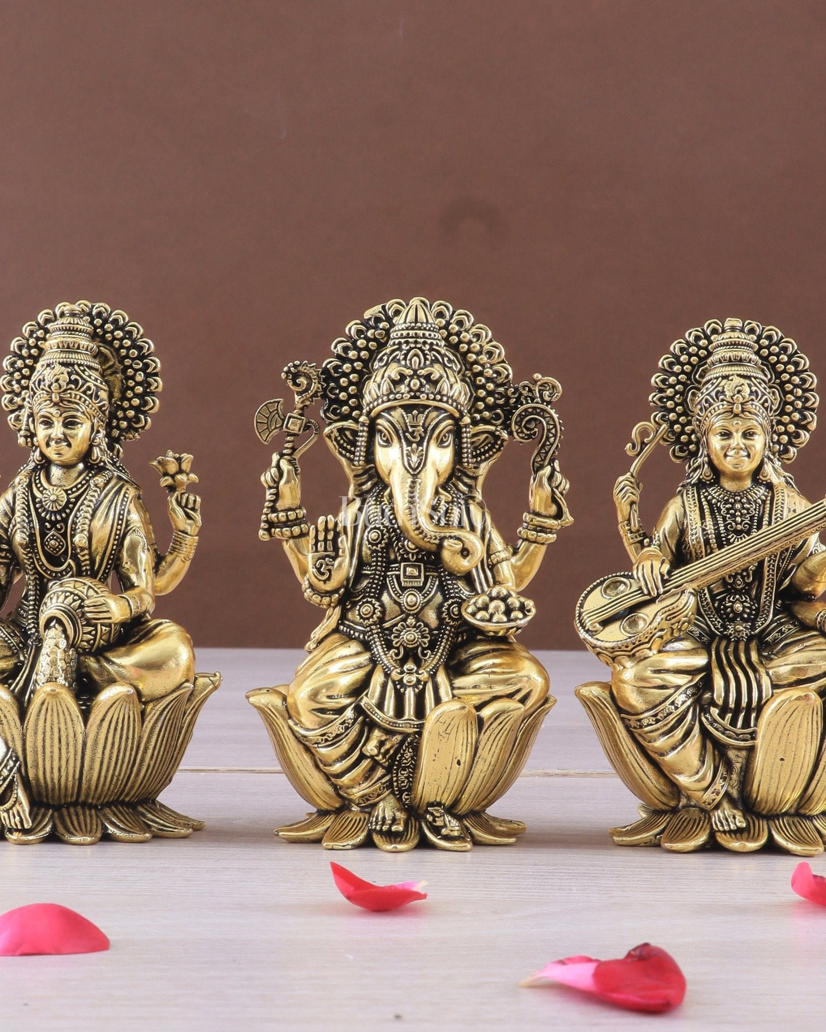 Brass Superfine Ganesh Lakshmi Saraswati Idols - 4 Inch lotus base golden tone - Budhshiv.com