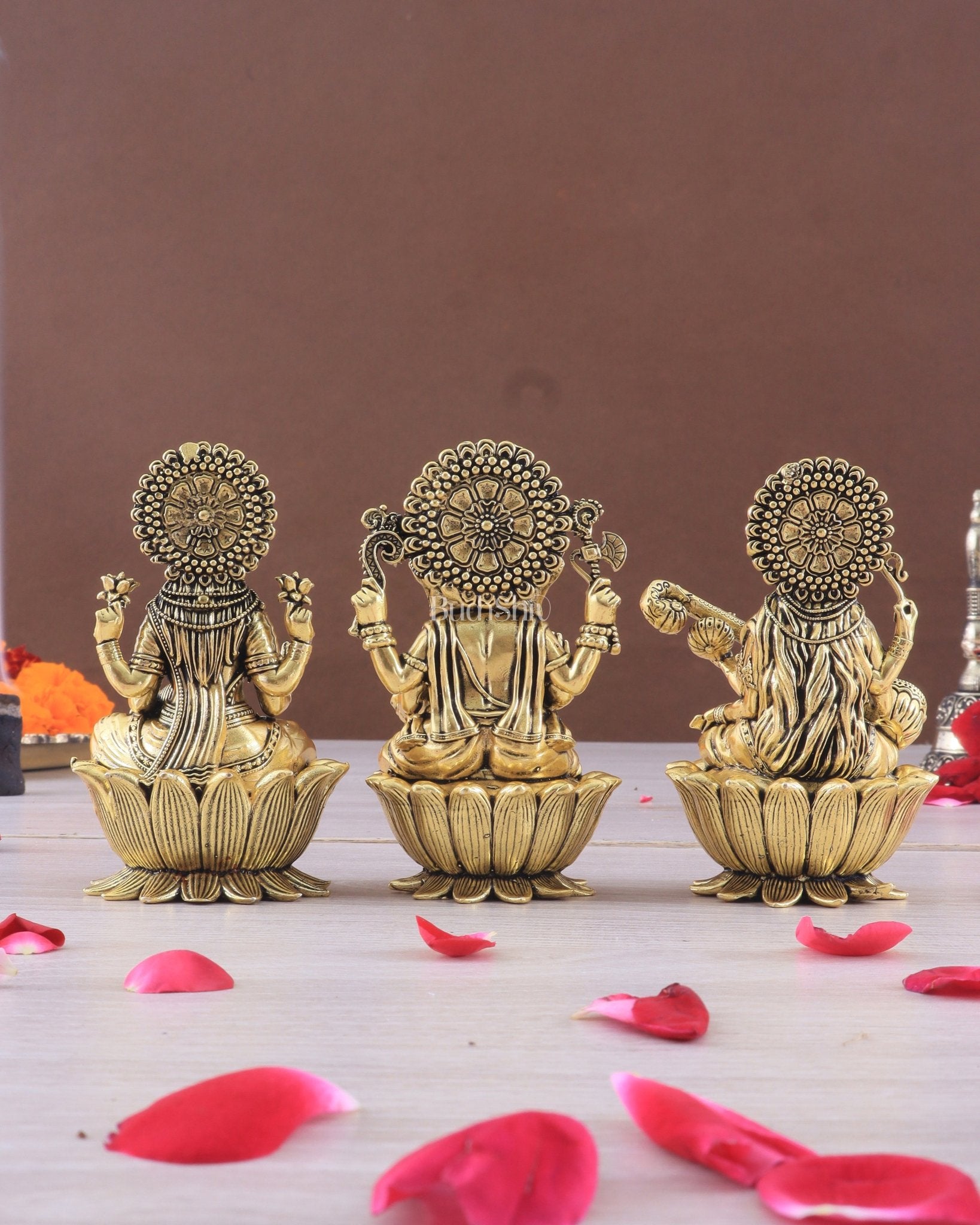 Brass Superfine Ganesh Lakshmi Saraswati Idols - 4 Inch lotus base golden tone - Budhshiv.com