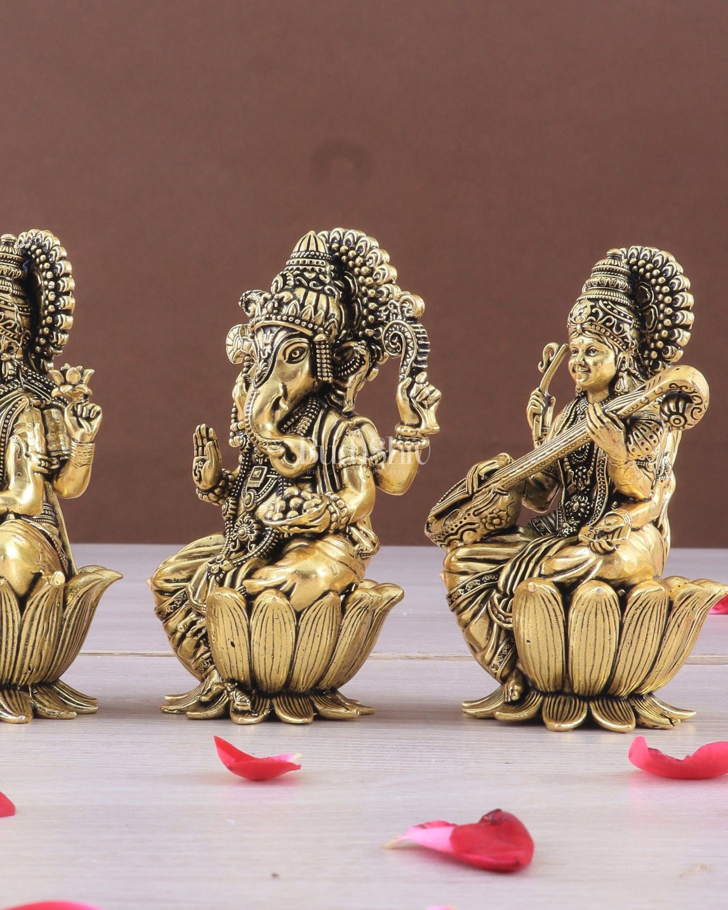 Brass Superfine Ganesh Lakshmi Saraswati Idols - 4 Inch lotus base golden tone - Budhshiv.com