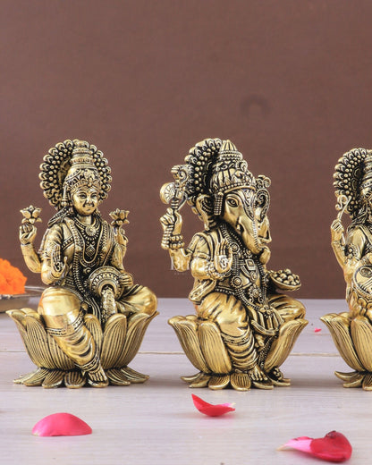 Brass Superfine Ganesh Lakshmi Saraswati Idols - 4 Inch lotus base golden tone - Budhshiv.com