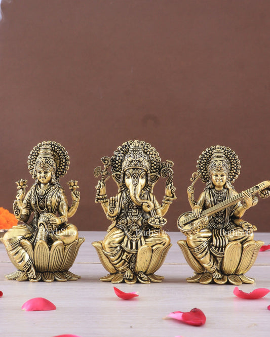 Brass Superfine Ganesh Lakshmi Saraswati Idols - 4 Inch lotus base golden tone - Budhshiv.com