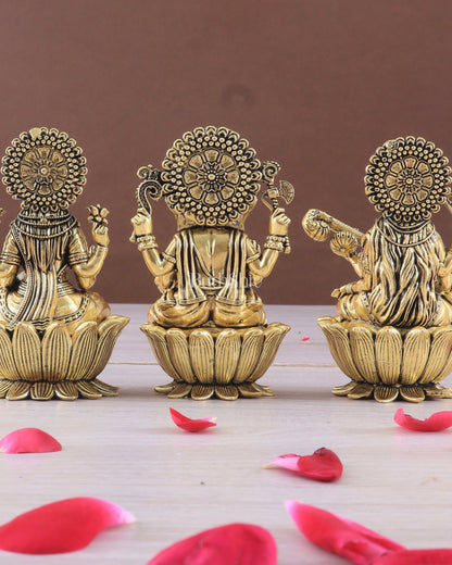 Brass Superfine Ganesh Lakshmi Saraswati Idols - 4 Inch lotus base golden tone - Budhshiv.com