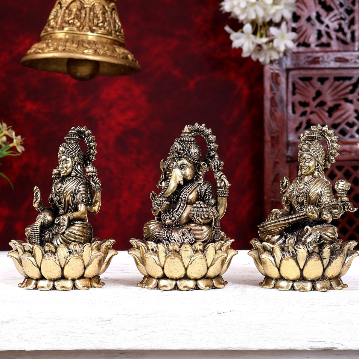 Brass Superfine Ganesh Lakshmi Saraswati Idols Cross-Legged on Lotus Base 5 inch - Budhshiv.com