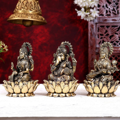 Brass Superfine Ganesh Lakshmi Saraswati Idols Cross-Legged on Lotus Base 5 inch - Budhshiv.com