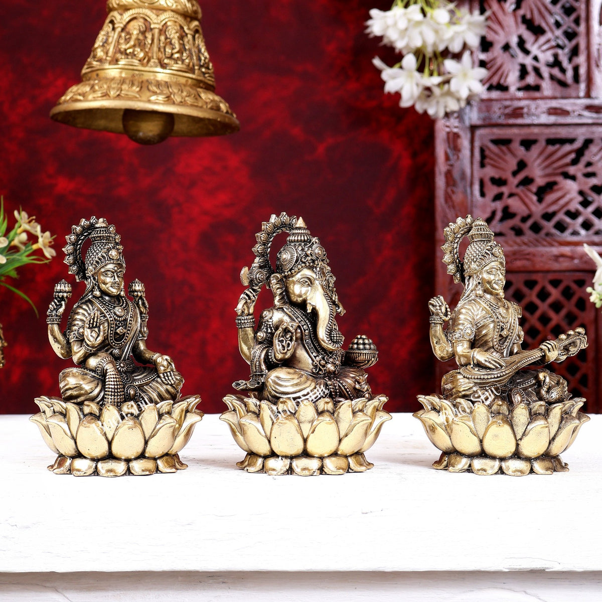 Brass Superfine Ganesh Lakshmi Saraswati Idols Cross-Legged on Lotus Base 5 inch - Budhshiv.com