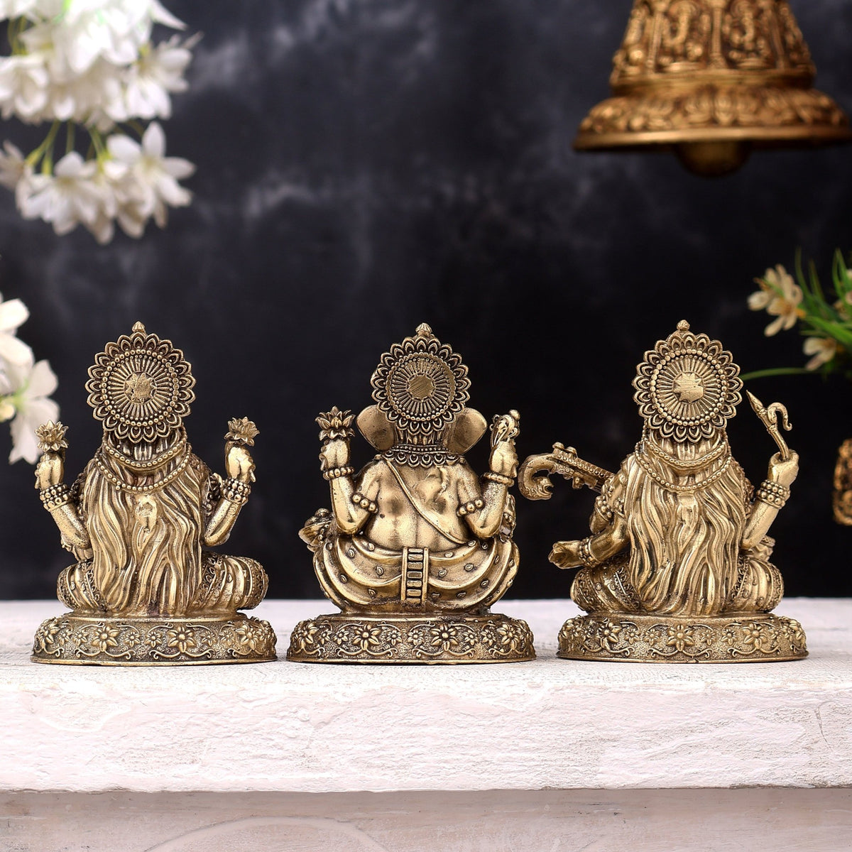 Brass Superfine Ganesh Lakshmi Saraswati Idols on Round Base — Highly Detailed 4 inch - Budhshiv.com