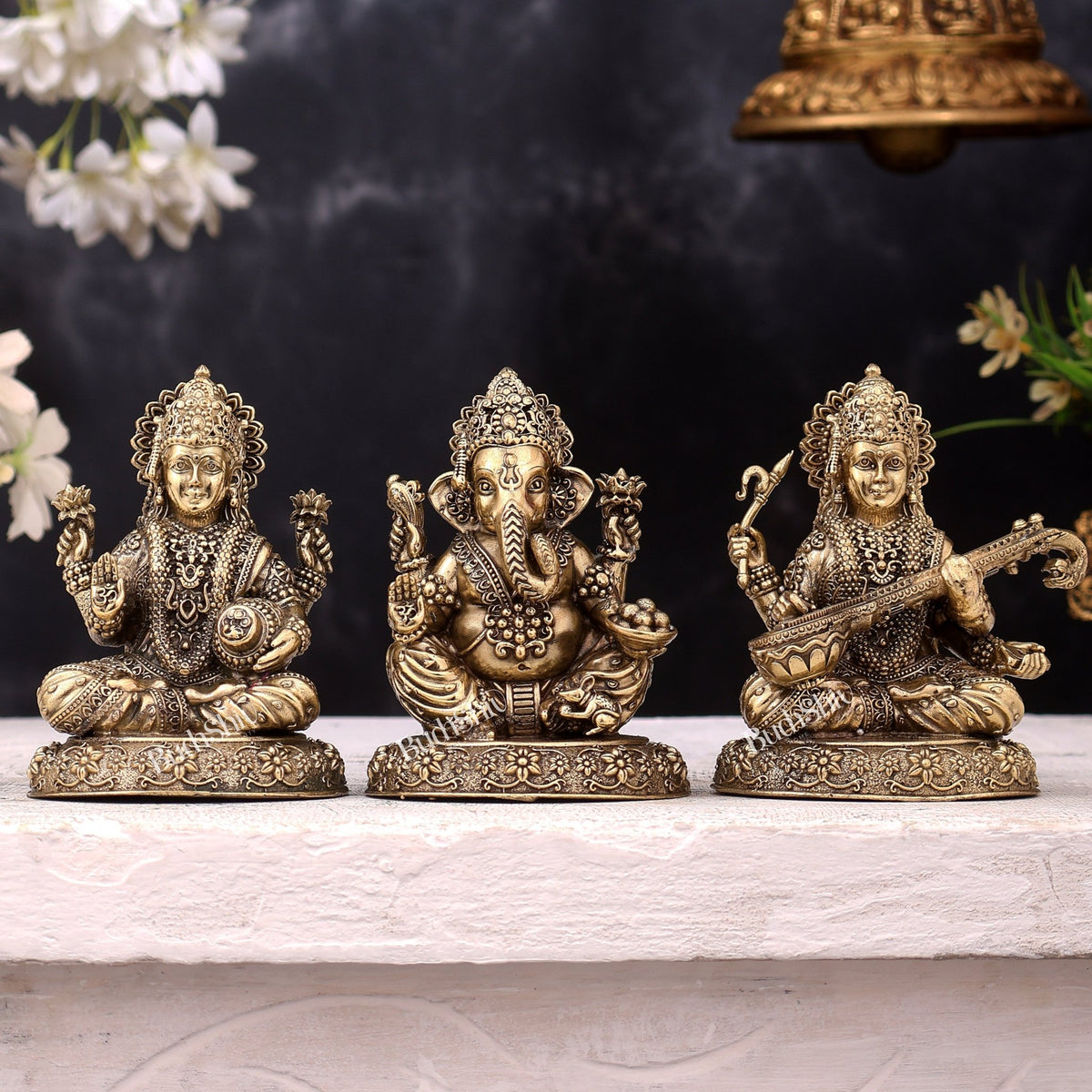 Brass Superfine Ganesh Lakshmi Saraswati Idols on Round Base — Highly Detailed 4 inch - Budhshiv.com