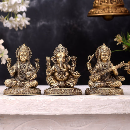 Brass Superfine Ganesh Lakshmi Saraswati Idols on Round Base — Highly Detailed 4 inch - Budhshiv.com