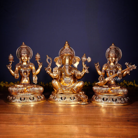 Brass Superfine Ganesh Lakshmi Saraswati Large Idol Set – Intricate Carvings 18" | 55 kg - Budhshiv.com
