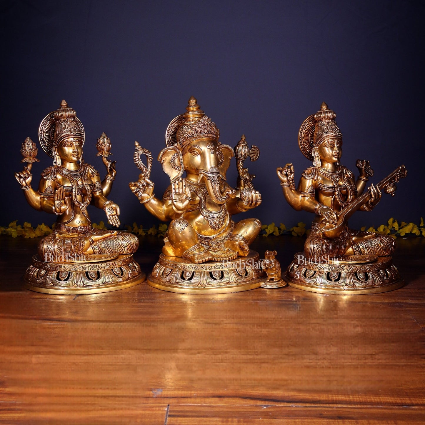 Brass Superfine Ganesh Lakshmi Saraswati Large Idol Set – Intricate Carvings 18" | 55 kg - Budhshiv.com