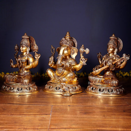 Brass Superfine Ganesh Lakshmi Saraswati Large Idol Set – Intricate Carvings 18" | 55 kg - Budhshiv.com