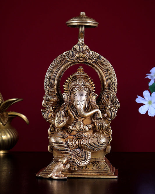 Brass Superfine Ganesha Idol 9" enhanced carvings - Budhshiv.com
