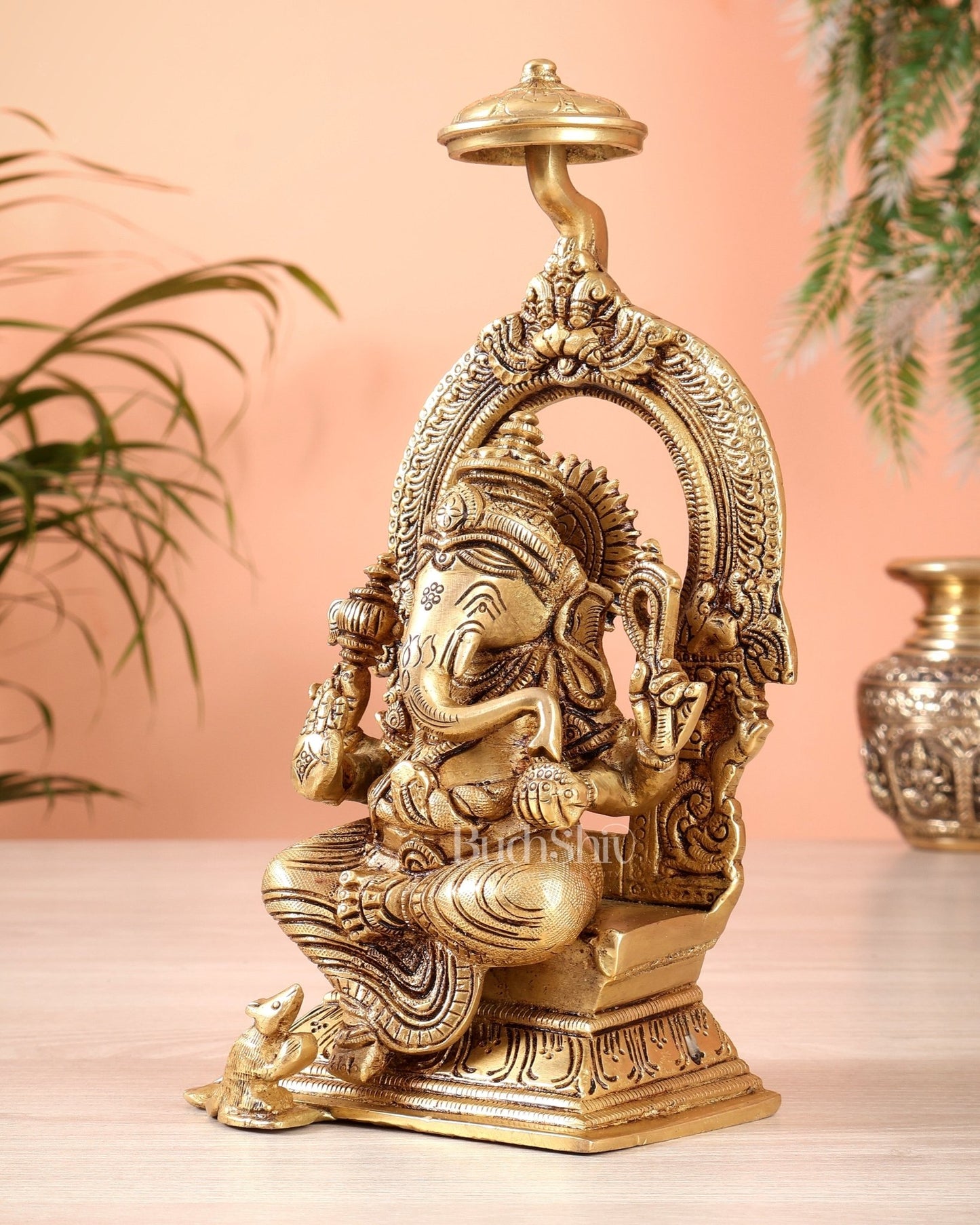 Brass Superfine Ganesha Idol 9" enhanced carvings - Budhshiv.com