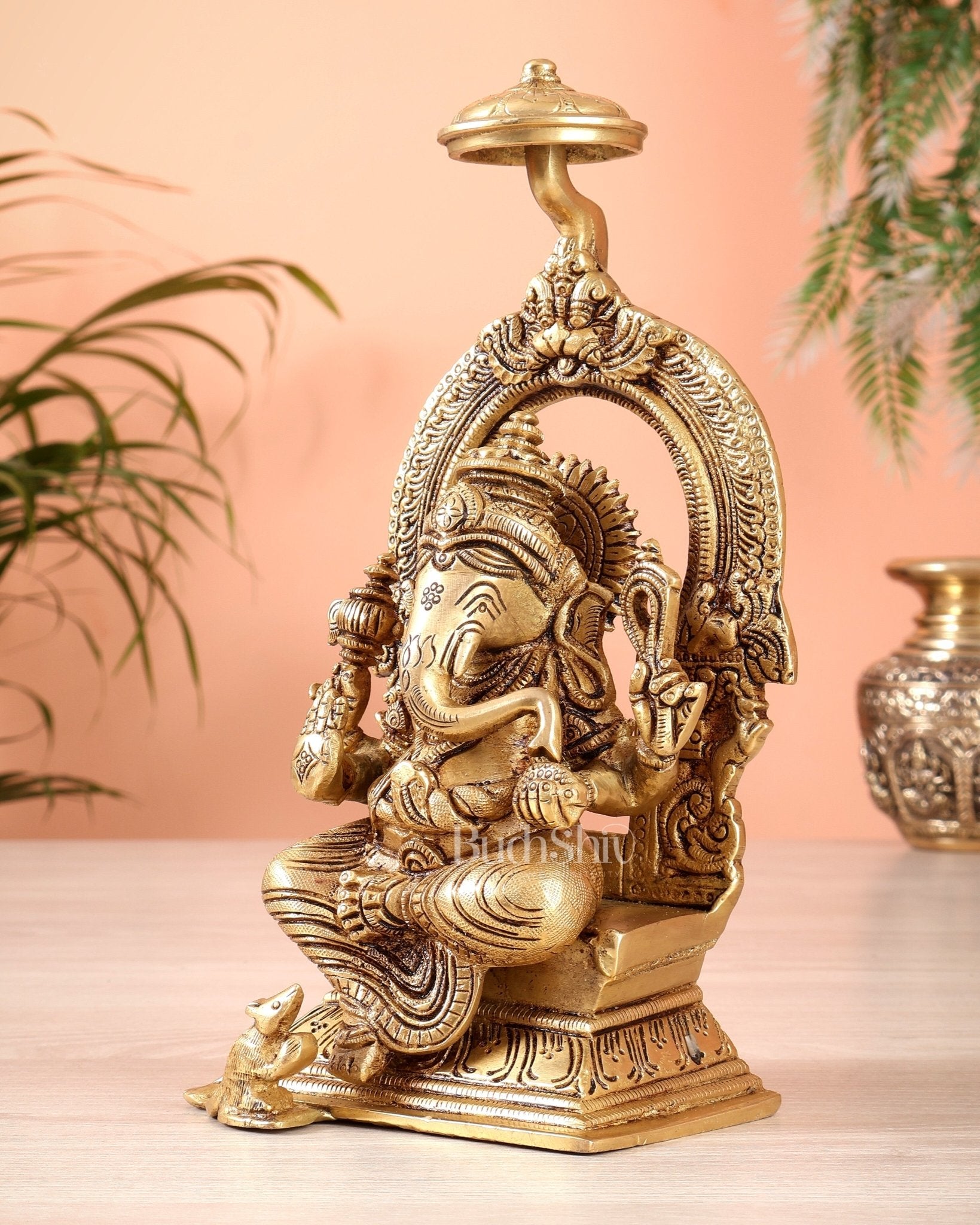 Brass Superfine Ganesha Idol 9" enhanced carvings - Budhshiv.com