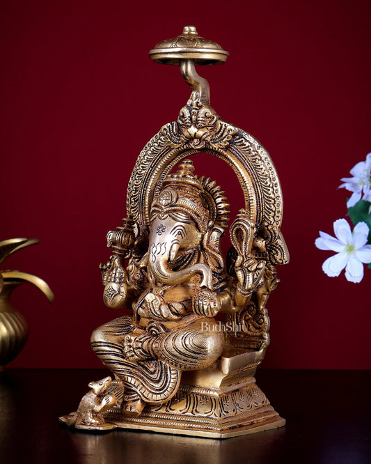 Brass Superfine Ganesha Idol 9" enhanced carvings - Budhshiv.com