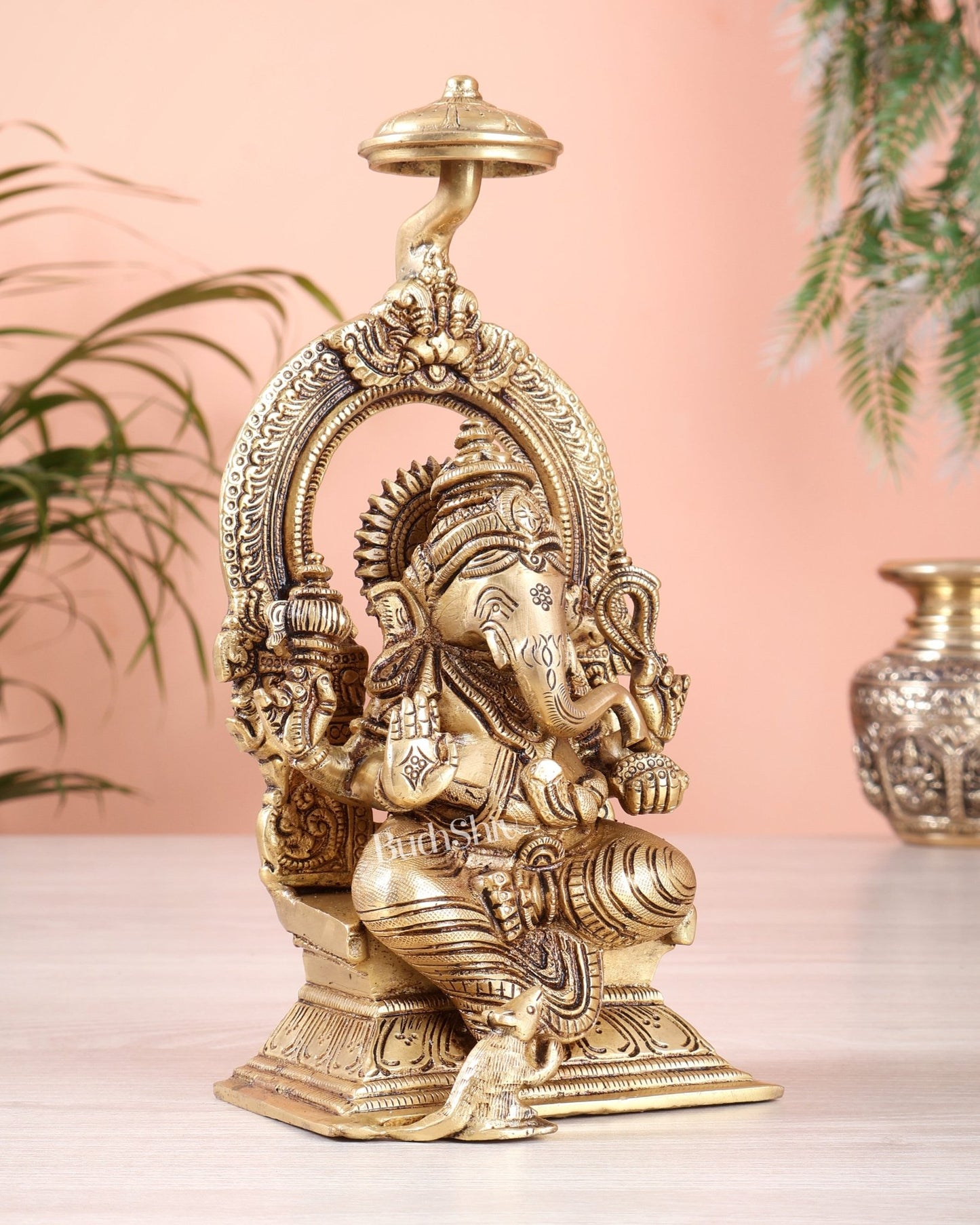 Brass Superfine Ganesha Idol 9" enhanced carvings - Budhshiv.com