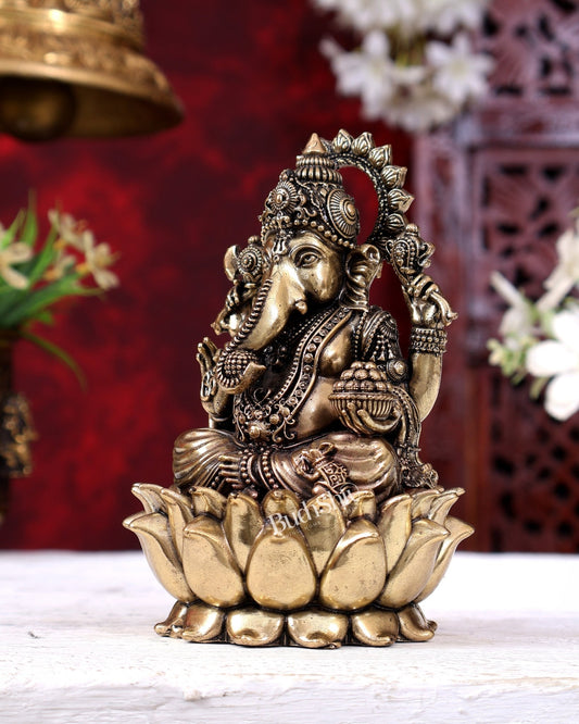 Brass Superfine Ganesha Idol Cross-Legged on Lotus Base 5 inch - Budhshiv.com