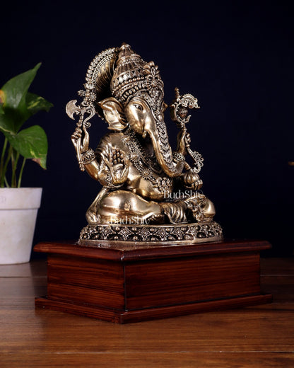 Brass Superfine Ganesha Idol – Intricate Design on Wooden Base (8.5 Inch) - Budhshiv.com