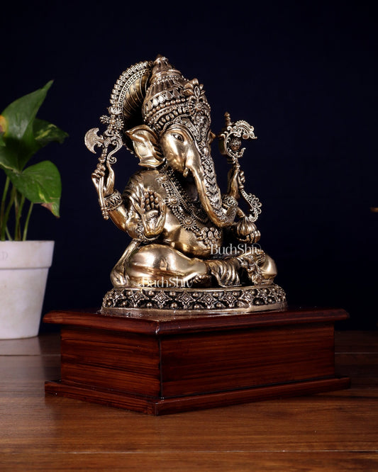 Brass Superfine Ganesha Idol – Intricate Design on Wooden Base (8.5 Inch) - Budhshiv.com