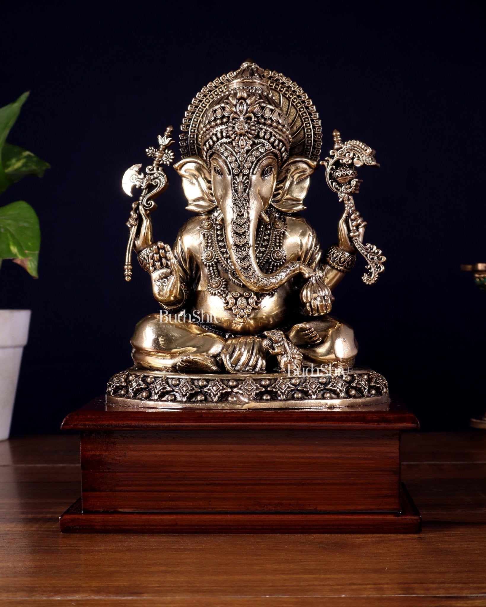 Brass Superfine Ganesha Idol – Intricate Design on Wooden Base (8.5 Inch) - Budhshiv.com
