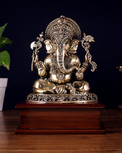 Brass Superfine Ganesha Idol – Intricate Design on Wooden Base (8.5 Inch) - Budhshiv.com