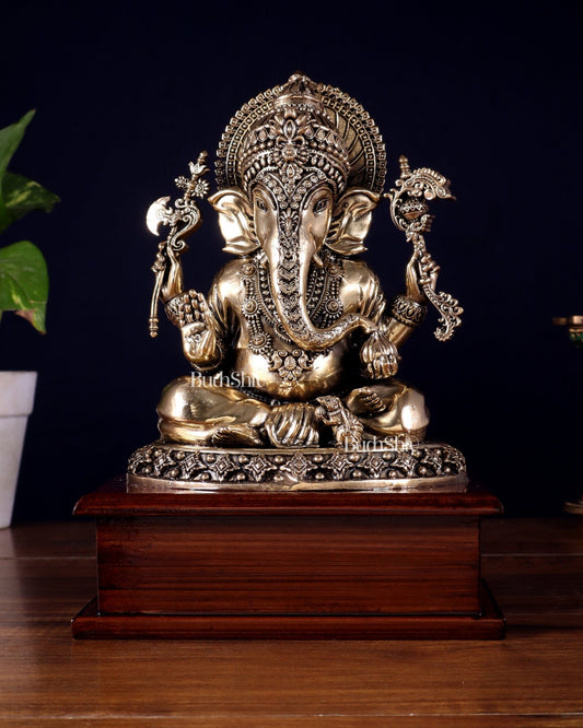 Brass Superfine Ganesha Idol – Intricate Design on Wooden Base (8.5 Inch) - Budhshiv.com