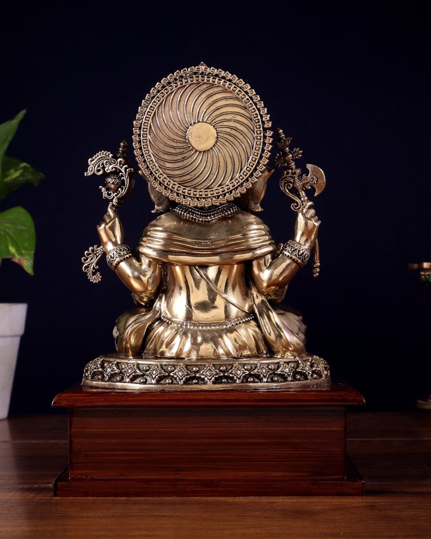 Brass Superfine Ganesha Idol – Intricate Design on Wooden Base (8.5 Inch) - Budhshiv.com