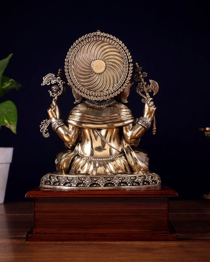 Brass Superfine Ganesha Idol – Intricate Design on Wooden Base (8.5 Inch) - Budhshiv.com