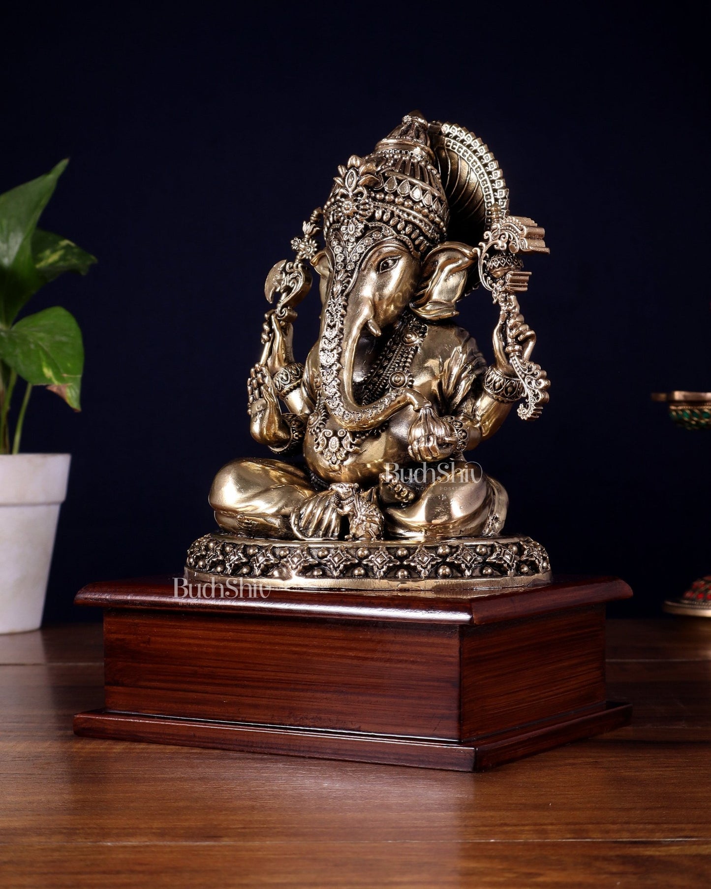 Brass Superfine Ganesha Idol – Intricate Design on Wooden Base (8.5 Inch) - Budhshiv.com