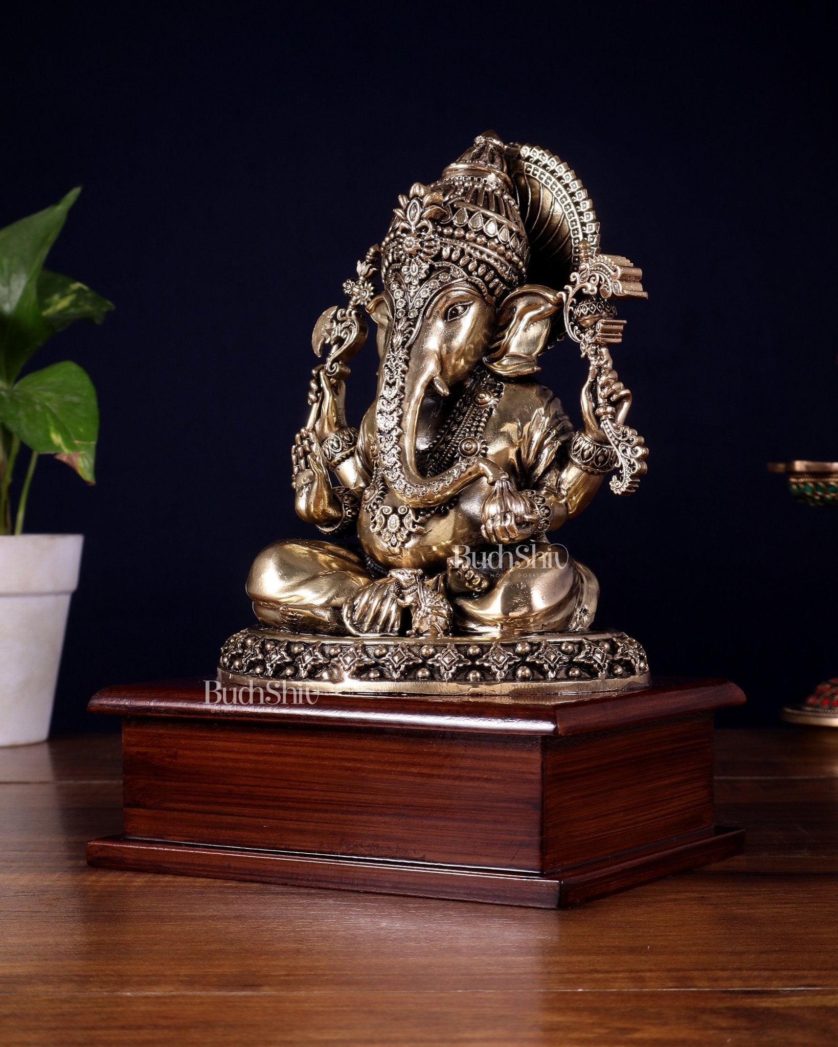 Brass Superfine Ganesha Idol – Intricate Design on Wooden Base (8.5 Inch) - Budhshiv.com
