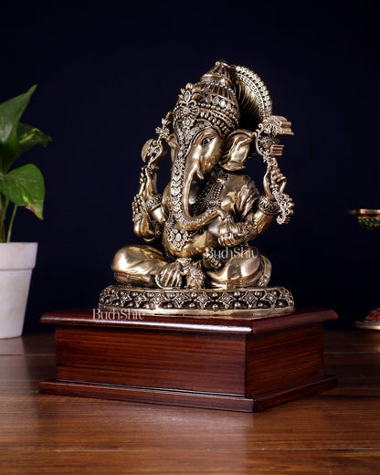 Brass Superfine Ganesha Idol – Intricate Design on Wooden Base (8.5 Inch) - Budhshiv.com