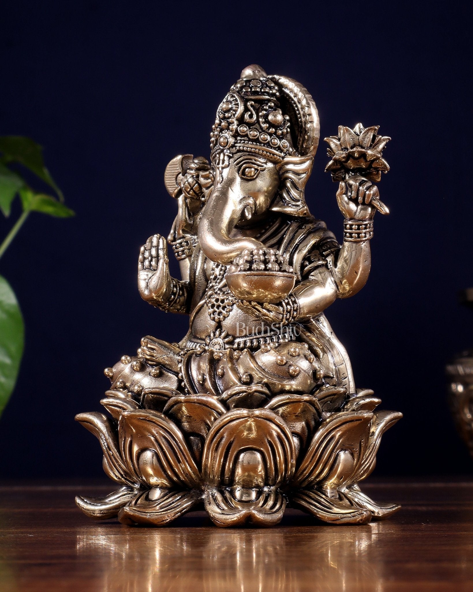 Brass Superfine Ganesha Idol on Lotus Base 5" - Budhshiv.com