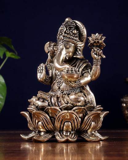 Brass Superfine Ganesha Idol on Lotus Base 5" - Budhshiv.com