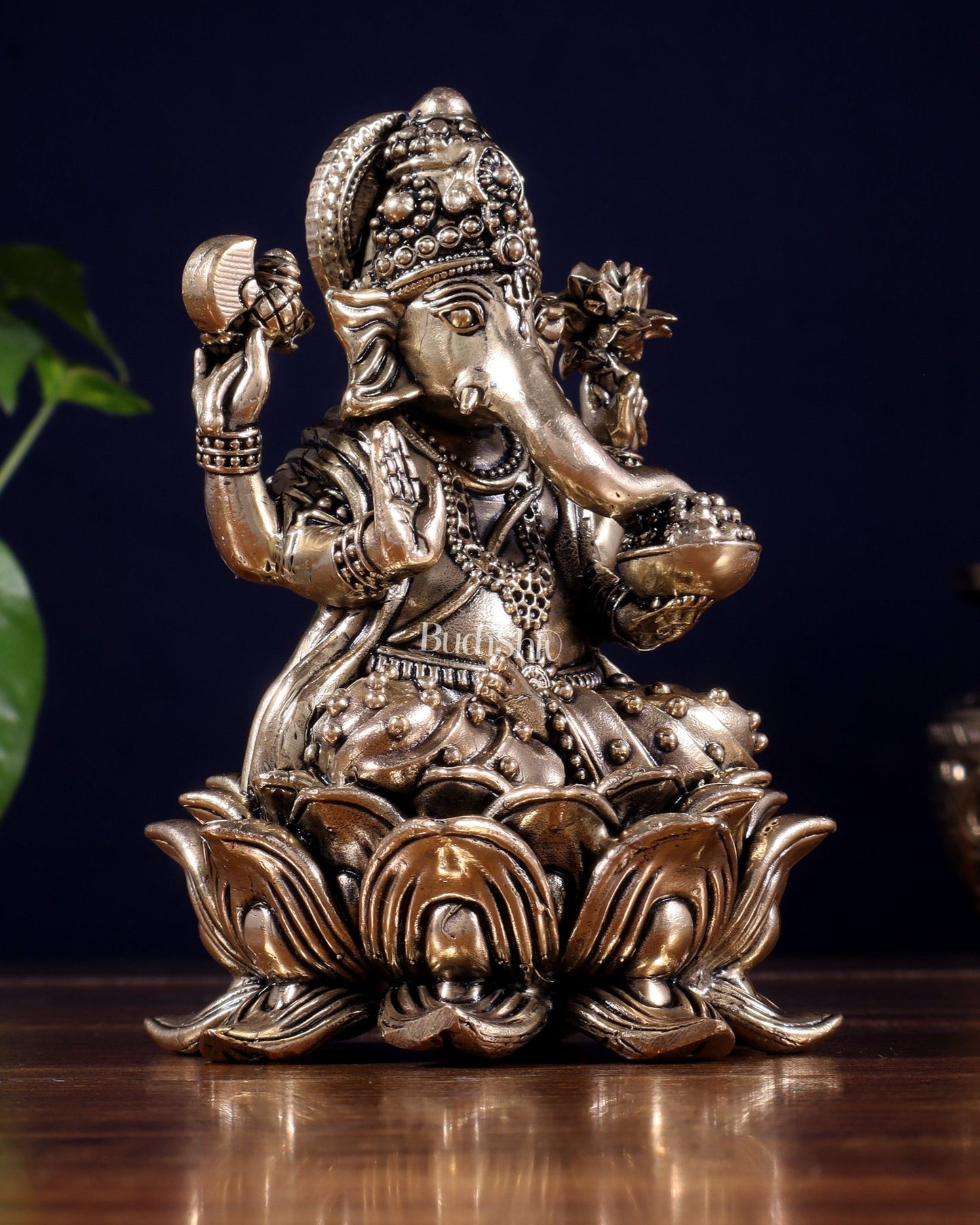 Brass Superfine Ganesha Idol on Lotus Base 5" - Budhshiv.com