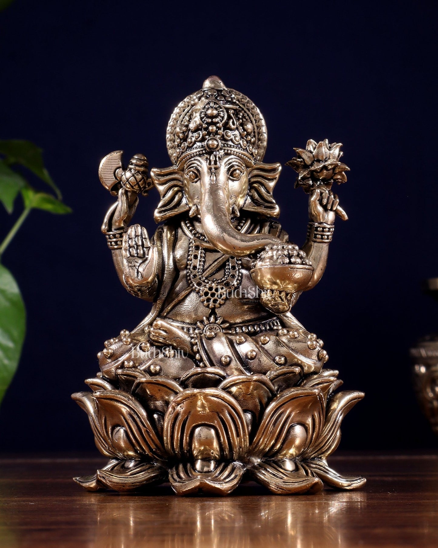 Brass Superfine Ganesha Idol on Lotus Base 5" - Budhshiv.com