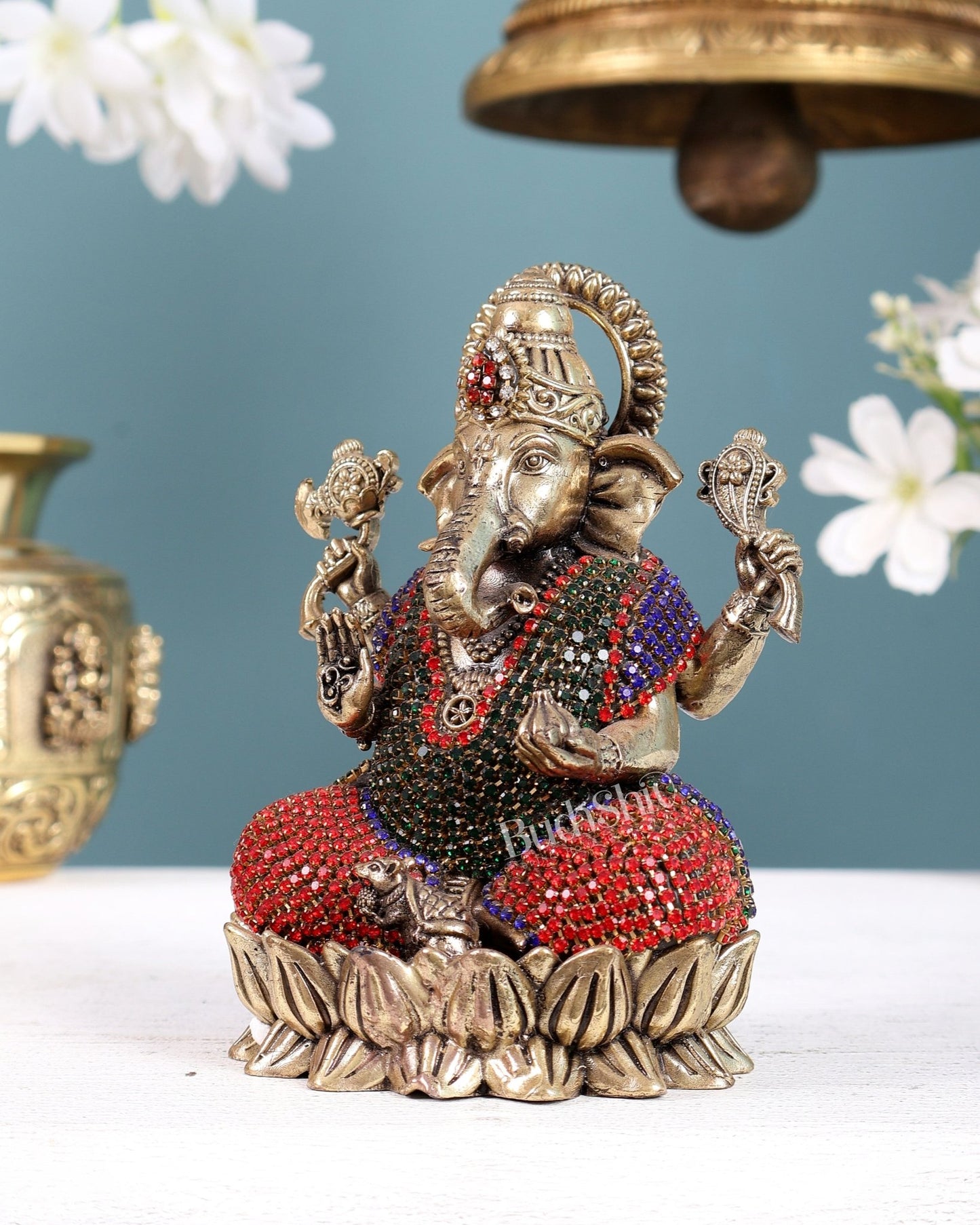 Brass Superfine Ganesha Idol on Lotus Base with Stonework – Decorative Ganesh Murti (5 Inches) - Budhshiv.com