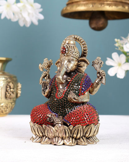 Brass Superfine Ganesha Idol on Lotus Base with Stonework – Decorative Ganesh Murti (5 Inches) - Budhshiv.com
