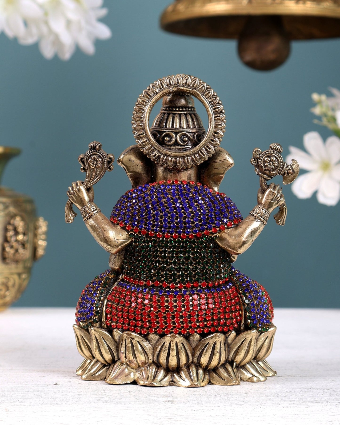 Brass Superfine Ganesha Idol on Lotus Base with Stonework – Decorative Ganesh Murti (5 Inches) - Budhshiv.com