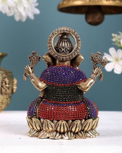 Brass Superfine Ganesha Idol on Lotus Base with Stonework – Decorative Ganesh Murti (5 Inches) - Budhshiv.com