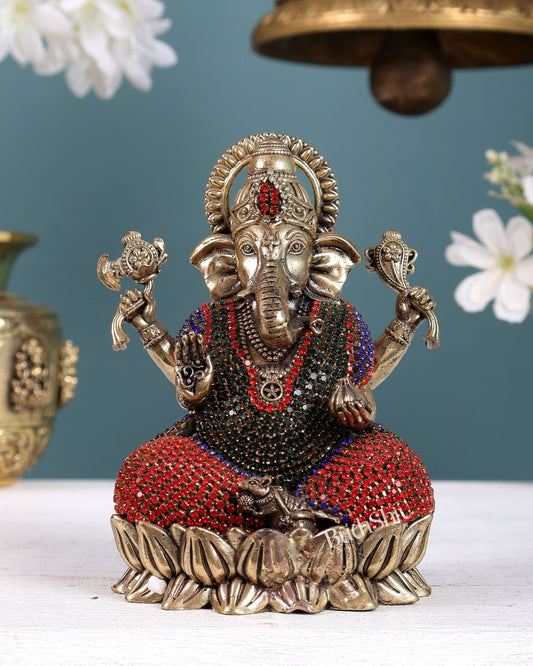Brass Superfine Ganesha Idol on Lotus Base with Stonework – Decorative Ganesh Murti (5 Inches) - Budhshiv.com