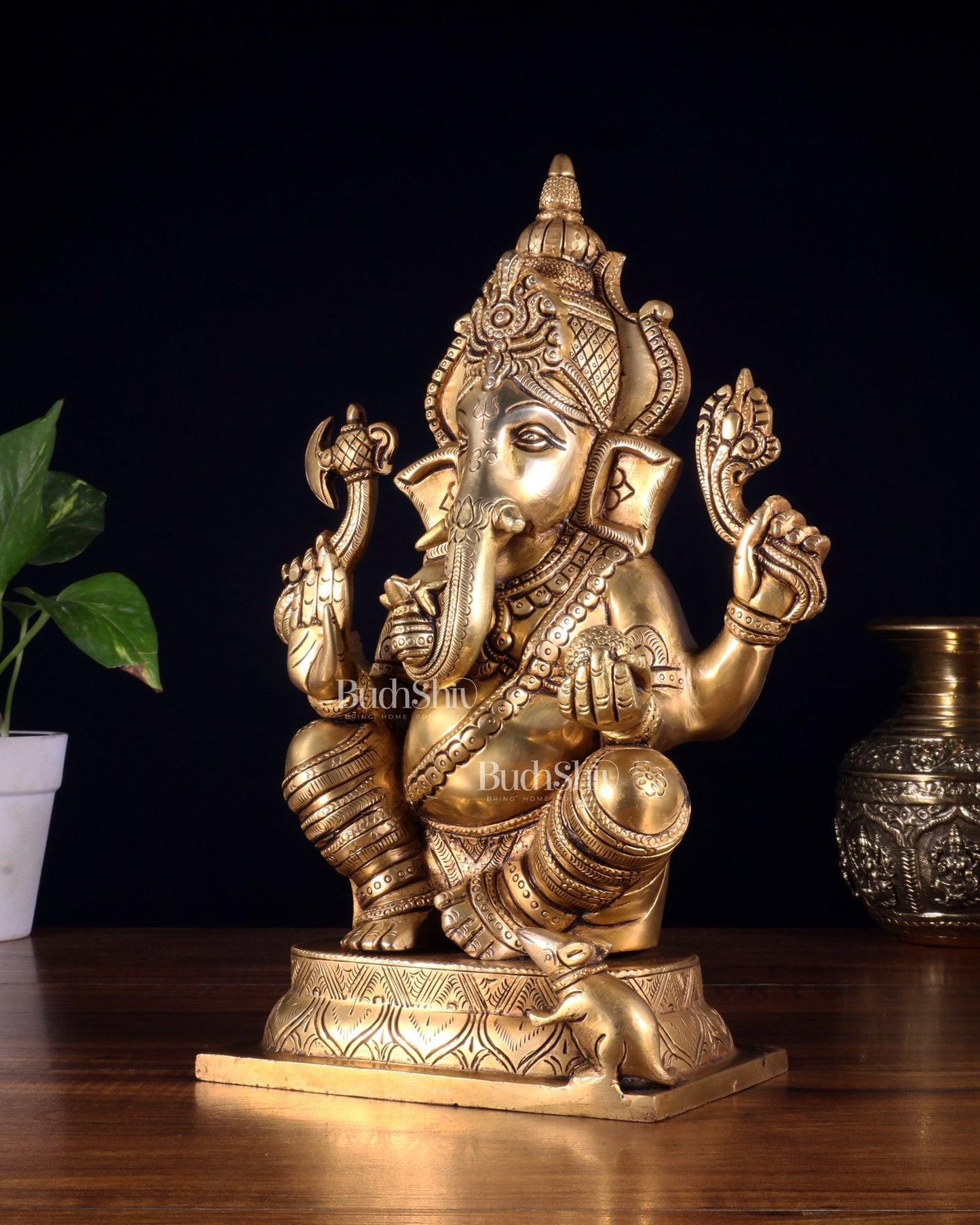 Brass Superfine Ganesha Idol with Right - Side Trunk valampuri - 11.5" - Budhshiv.com