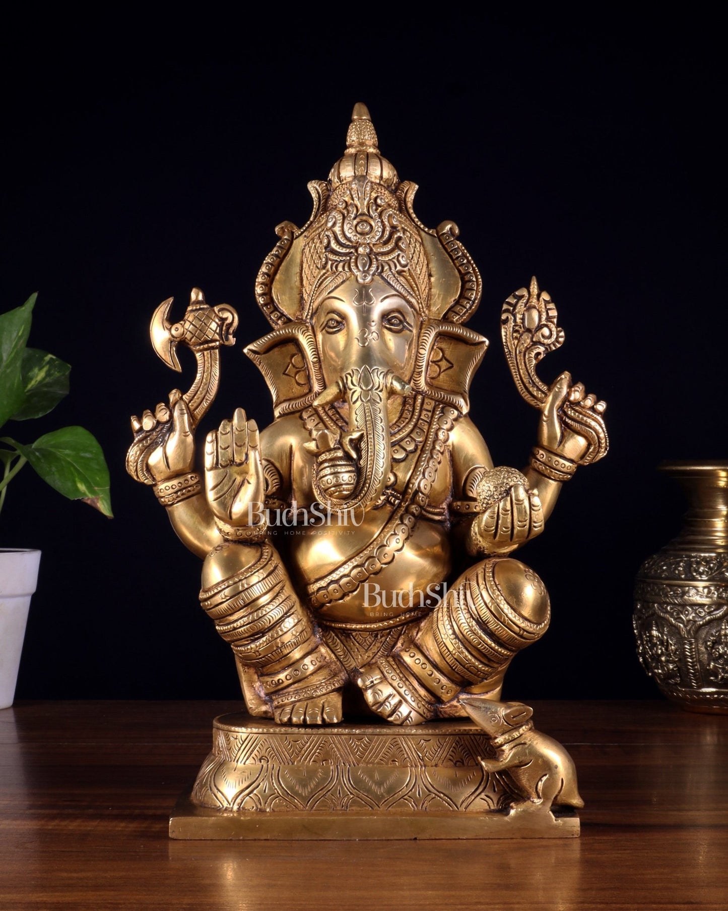 Brass Superfine Ganesha Idol with Right - Side Trunk valampuri - 11.5" - Budhshiv.com