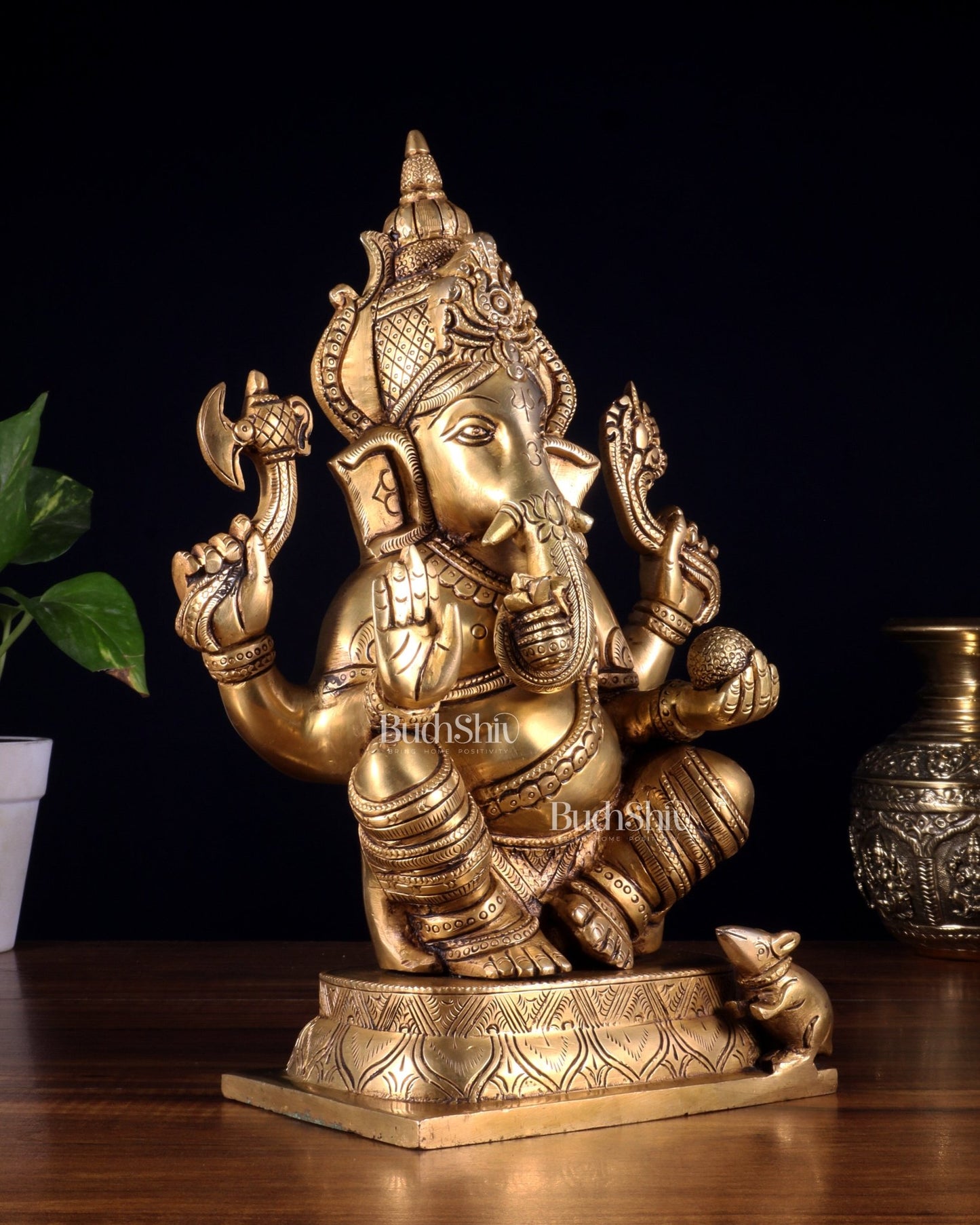 Brass Superfine Ganesha Idol with Right - Side Trunk valampuri - 11.5" - Budhshiv.com