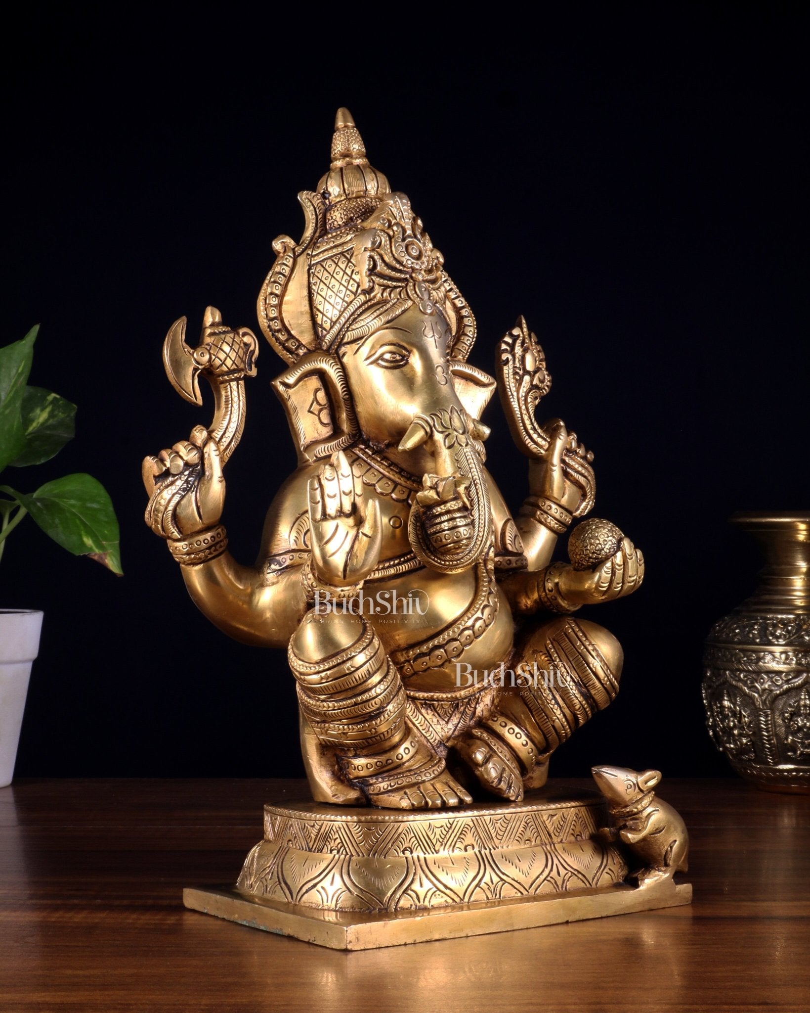 Brass Superfine Ganesha Idol with Right - Side Trunk valampuri - 11.5" - Budhshiv.com