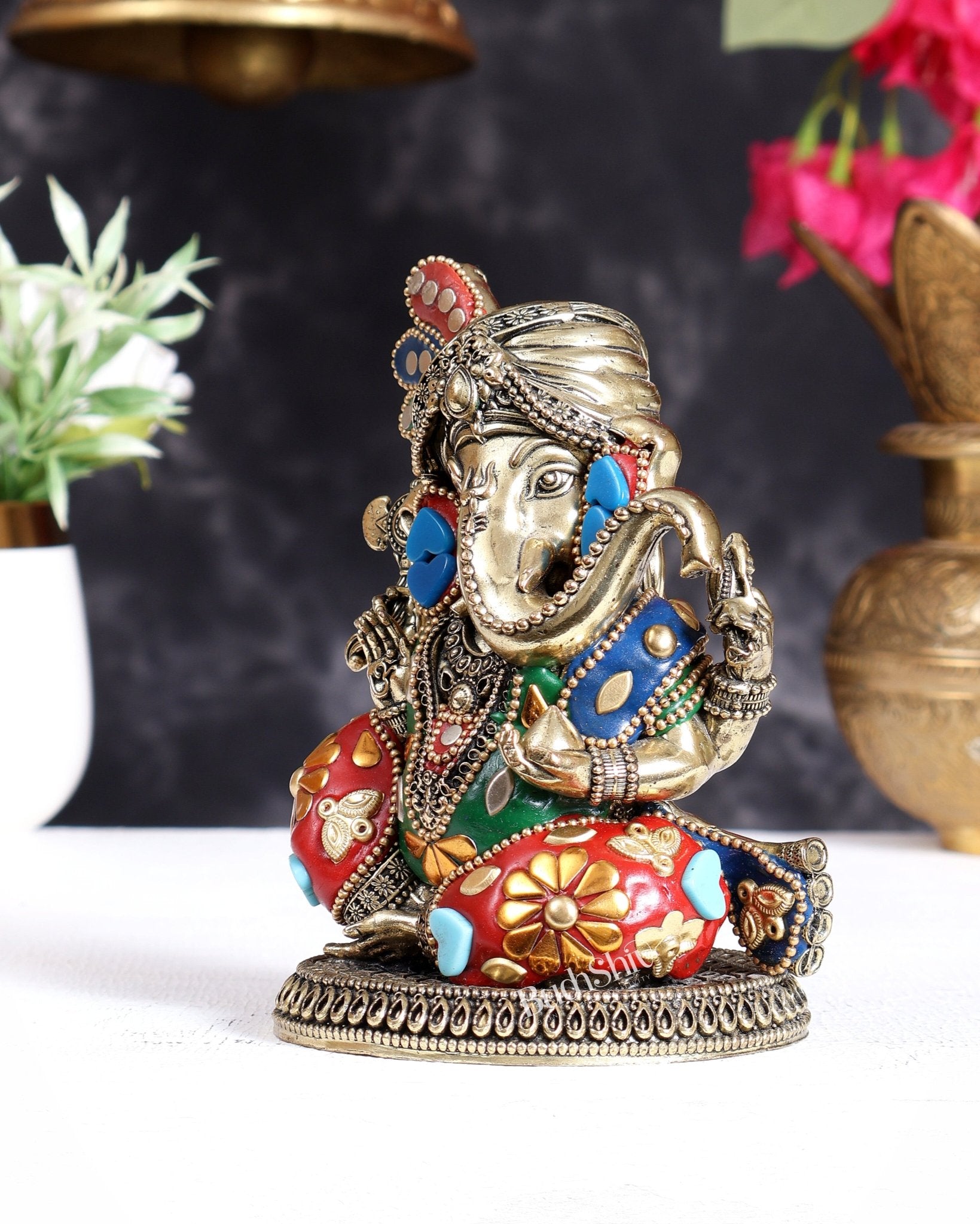 Brass Superfine Ganesha Idol with Turban (Pagdi) – 5.5 Inch Unique Murti with meenakari - Budhshiv.com