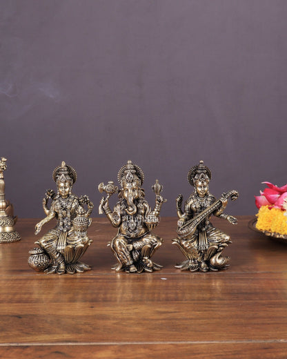 Brass Superfine Ganesha, Lakshmi, and Saraswati Idols Seated on Lotus 4" - Budhshiv.com