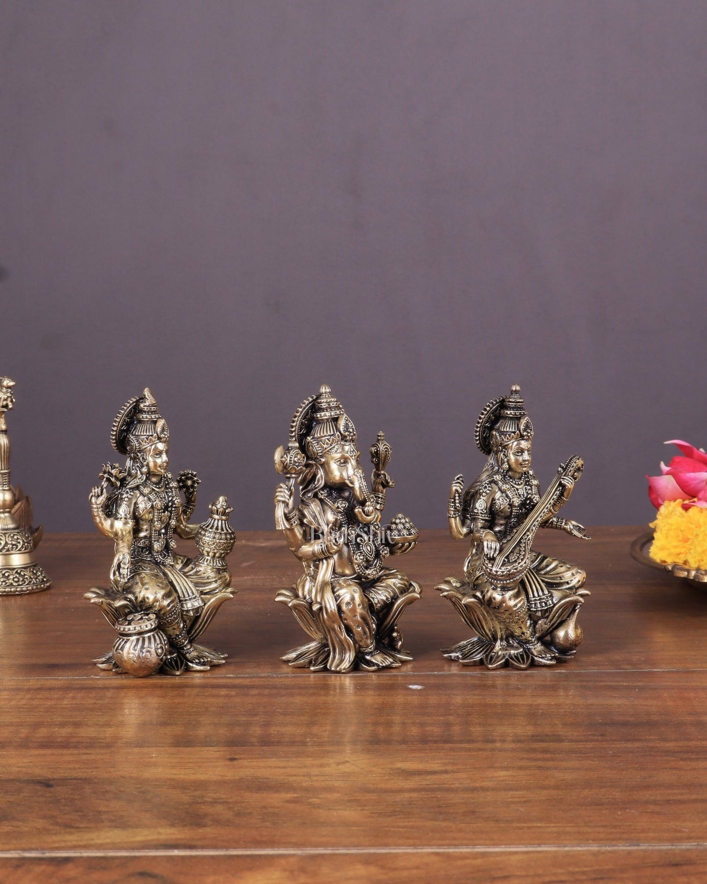 Brass Superfine Ganesha, Lakshmi, and Saraswati Idols Seated on Lotus 4" - Budhshiv.com