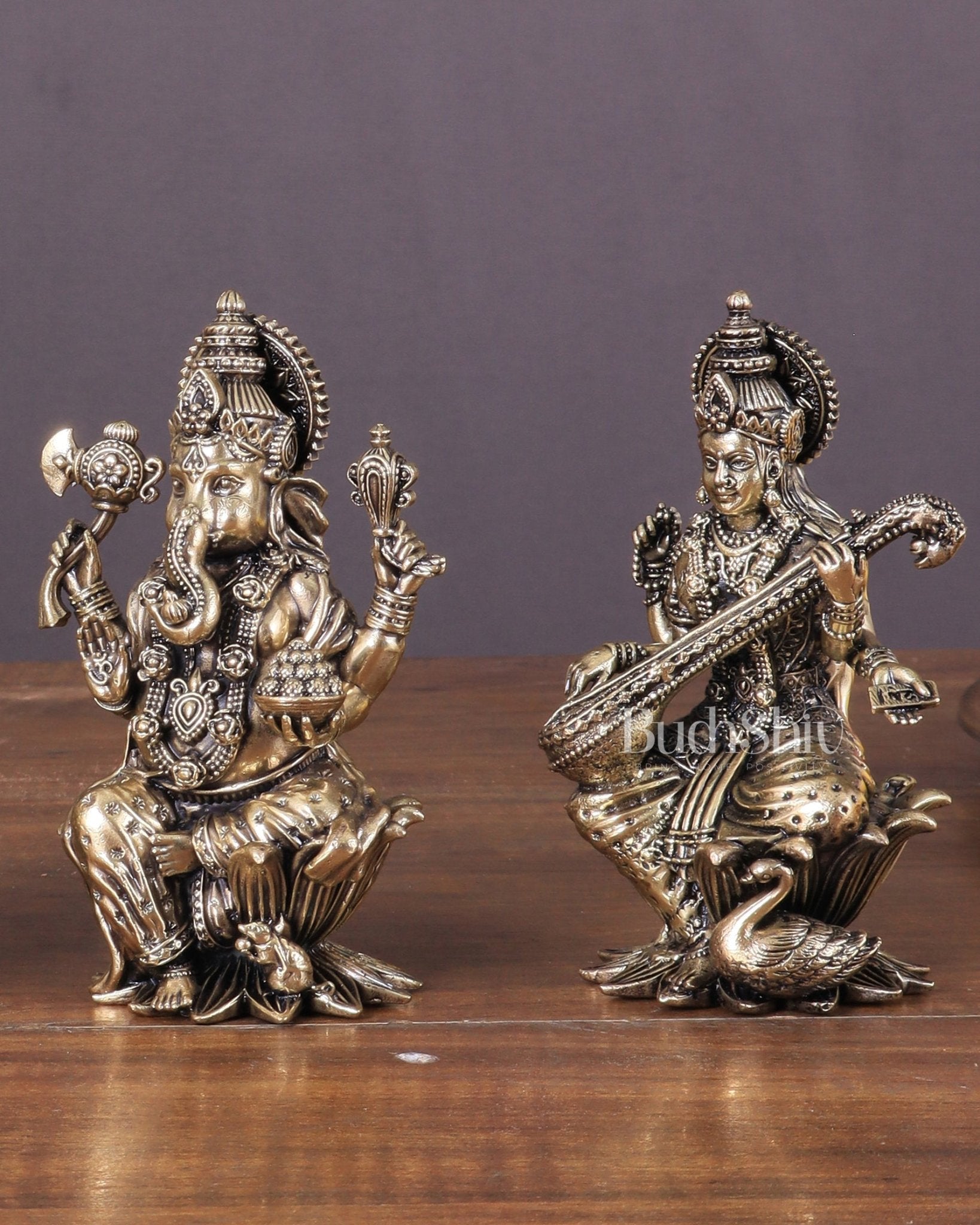 Brass Superfine Ganesha, Lakshmi, and Saraswati Idols Seated on Lotus 4" - Budhshiv.com