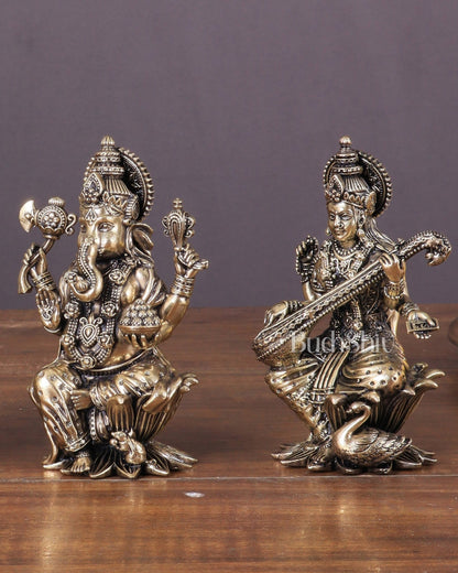 Brass Superfine Ganesha, Lakshmi, and Saraswati Idols Seated on Lotus 4" - Budhshiv.com